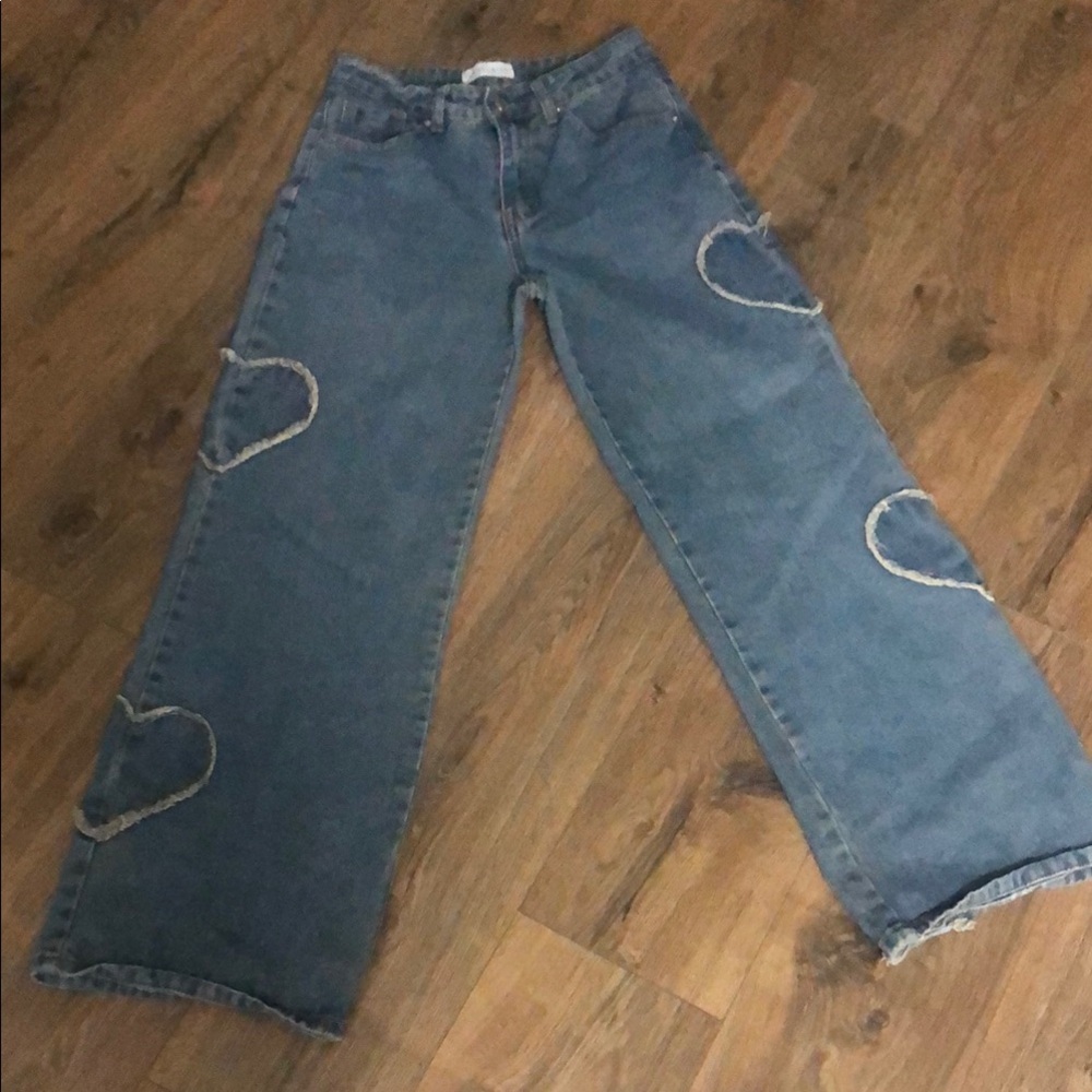 ANGEL KISS sz0/24 Wide Leg Heart Appliqué JEANS 27.5wX30”ins Rise10”